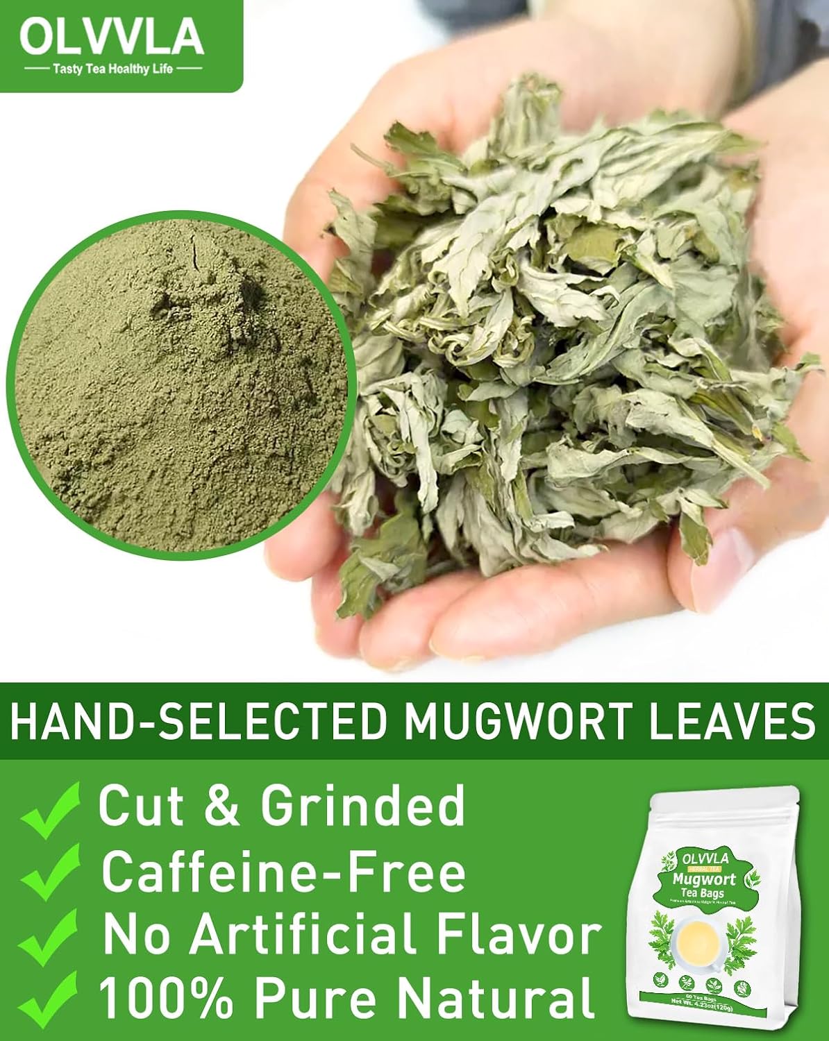 Olvvla - Premium Mugwort Tea - 2g X 60 Count - 100% Pure Natural Mugwort Tea Bag - Caffeine-free - Mugwort Herb Dried - Rich in Antioxidants & Support Digestion