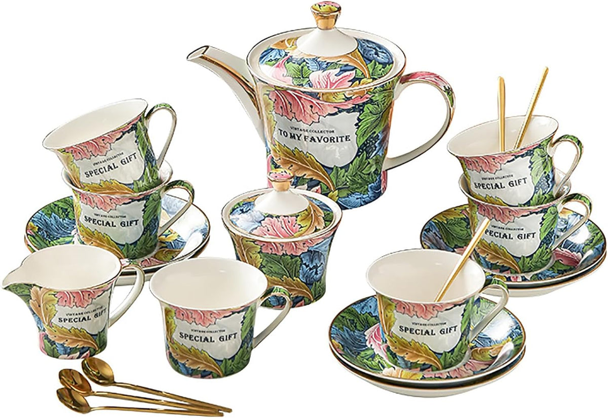 ACMLIFE Tea Set for Adults, 21-Piece Green Bone China Tea Set for Women with Teapot Sugar Bowl Cream Pitcher, Fine Chineae English British Set for 6, Gift (green, Extra Large set 21)