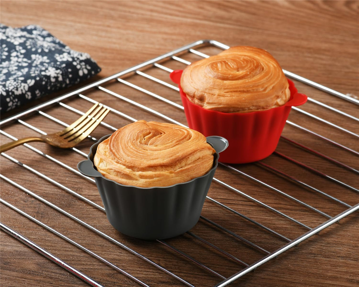 12 Pack Reusable Non-stick Large Silicone Baking Cups, 3.54 Inch Jumbo Silicone Cupcake Liners, Cake Molds with Handles, Large Muffin cups, Red and Gray