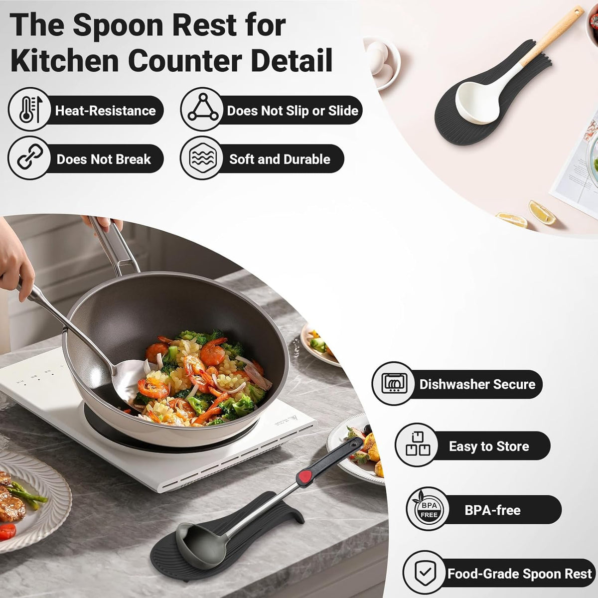 Heat Resistant Silicone Spoon Rest, Non-Slip Spoon Holder for Kitchen Counter, Silicone Spoon Rest for Stove Top for Spoons, Spatulas, Ladles, Tongs (Black)