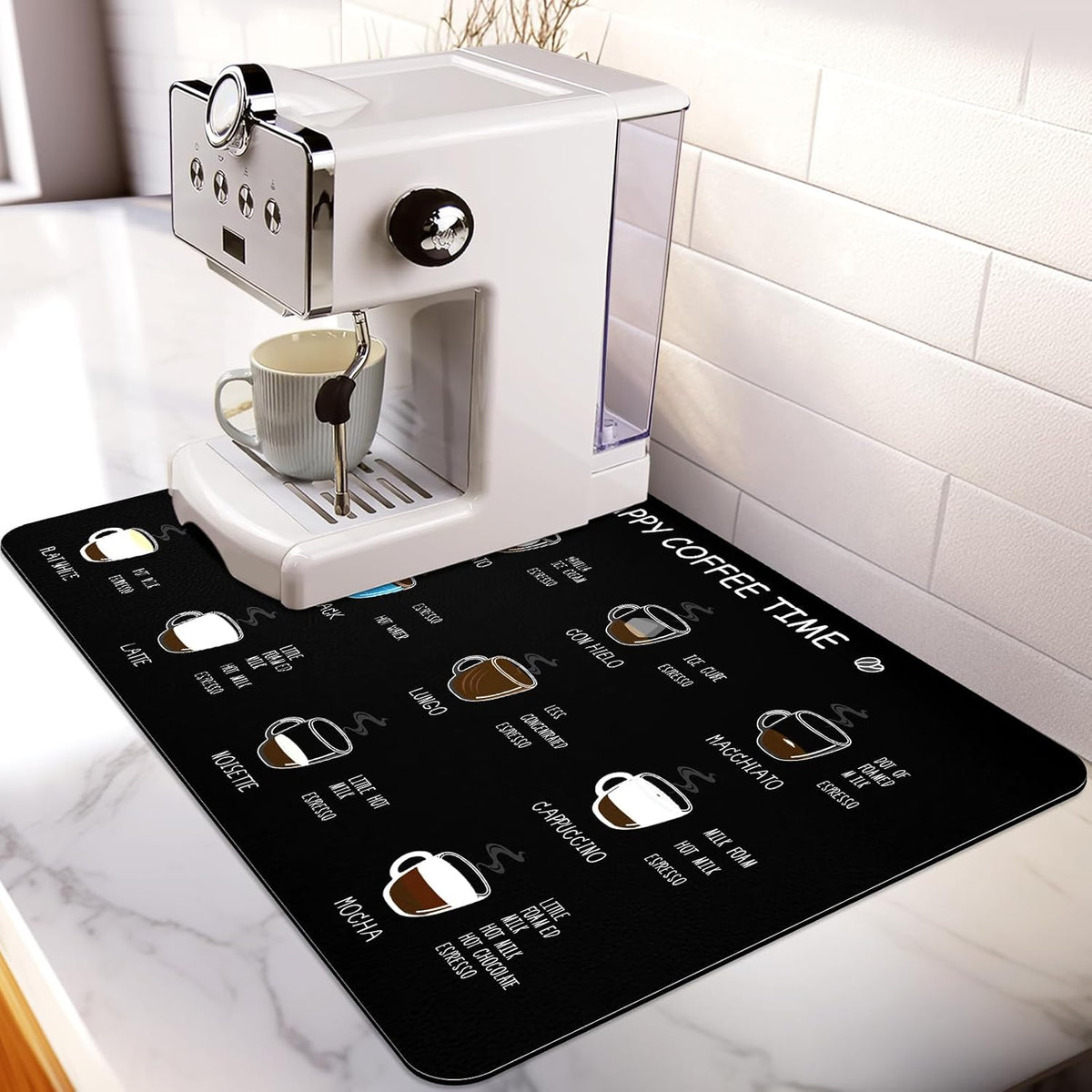 Matace Designer Coffee Bar Mat, Large 16 x 24 Inches, Rubber Backing, Absorbent Dish Drying Mat for Kitchen Countertop, Heat Resistant, Black