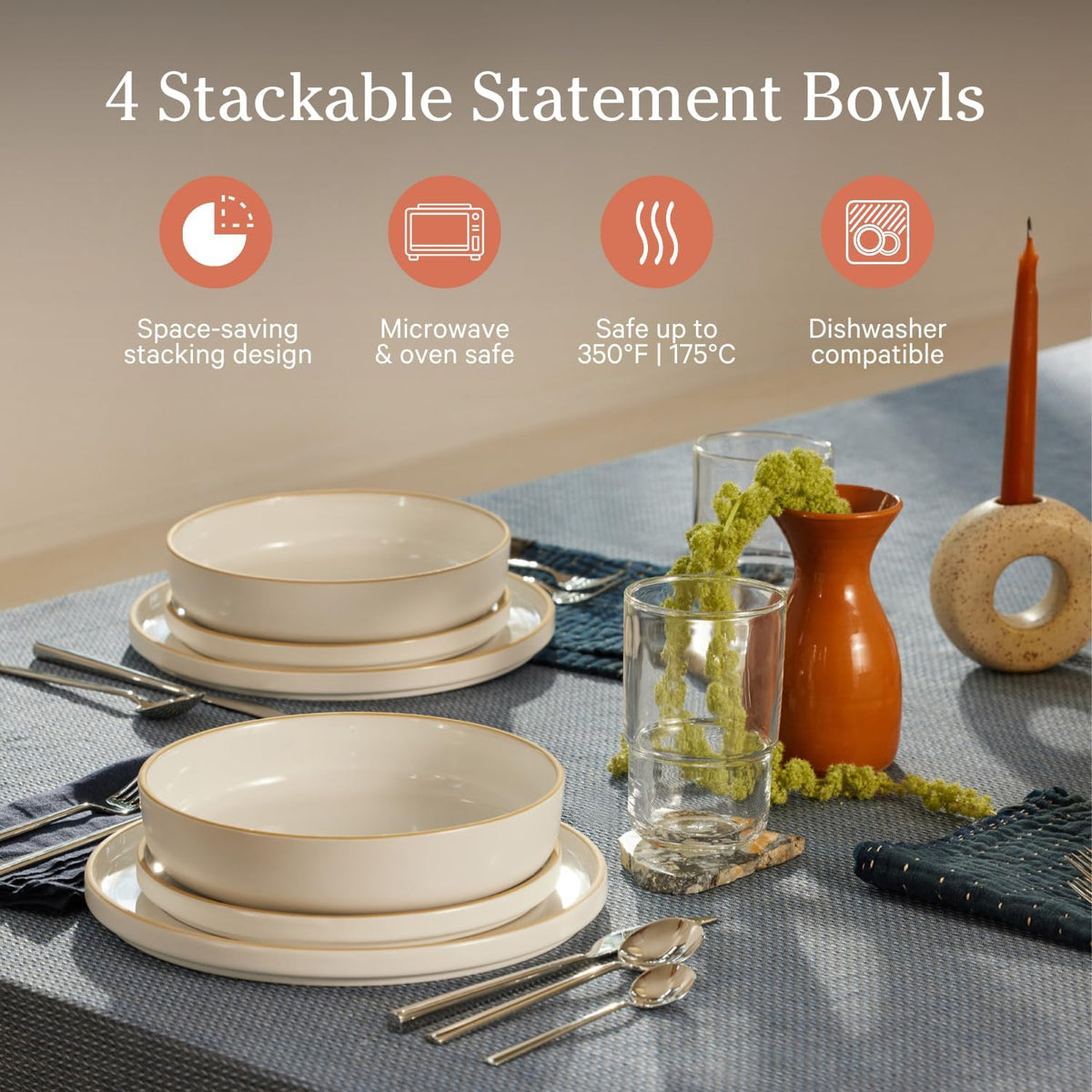 Our Place Dinner Bowls - Set of Four 8.5" Handcrafted Ceramic Pasta Bowls | Deep Plate Bowl Hybrid for Salads, Rice & More | Chip-Resistant, Restaurant-Grade, Stackable, Modular Design | Steam