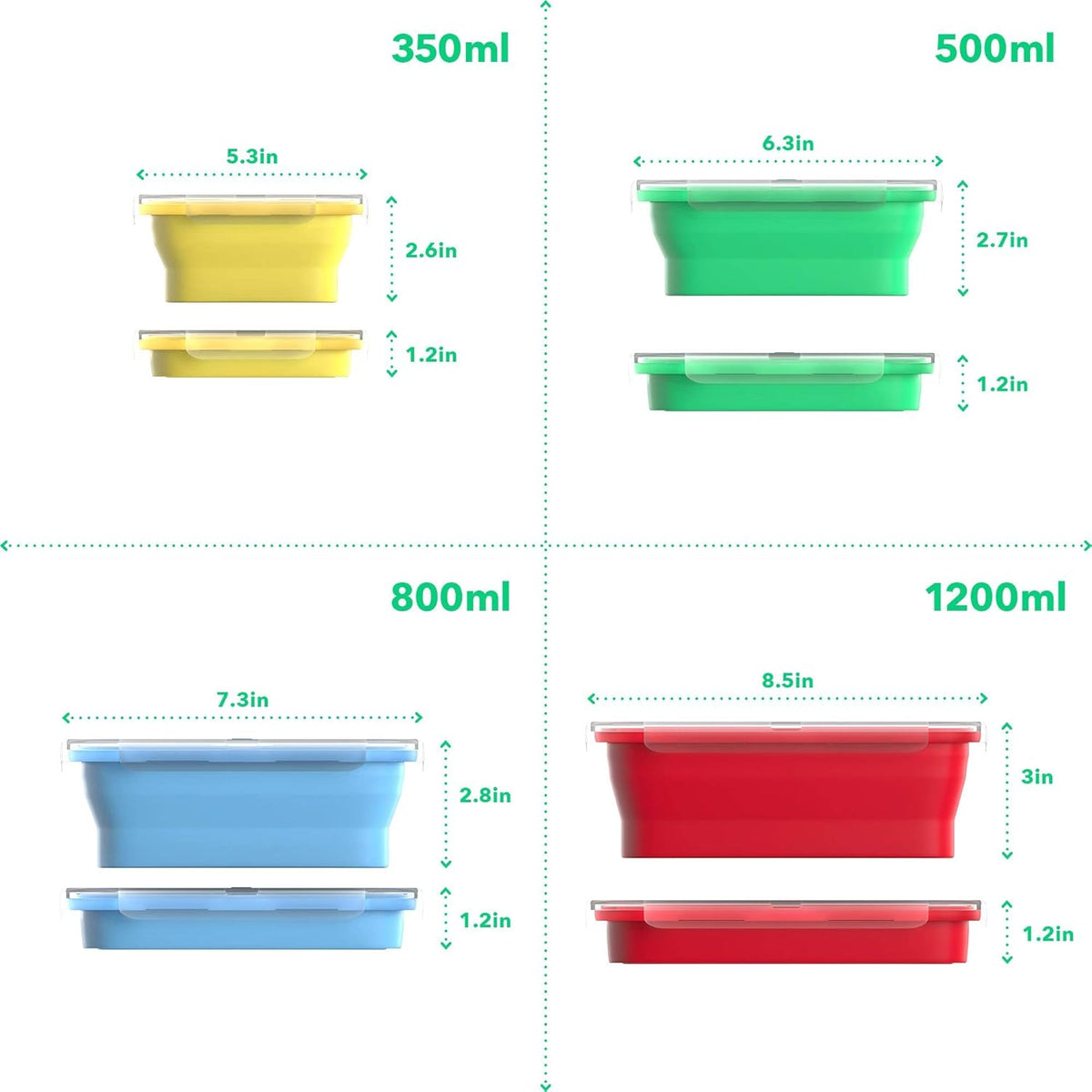 Vremi Silicone Food Storage Containers with BPA Free Airtight Plastic Lids - Set of 4 Small and Large Collapsible Meal Prep Container for Kitchen Lunch Boxes - Microwave and Freezer Safe