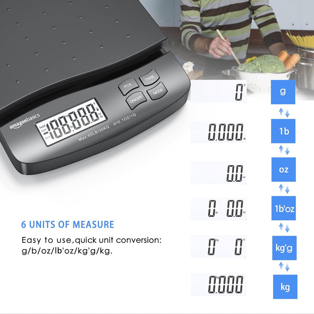 Amazon Basics Digital Postal Scale, AC Adapter, 65 lb Capacity, 0.1 oz Readability, Black