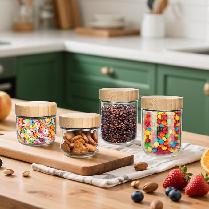OcePor 4 Pack Glass Jars with Bamboo Lids, Over Night Oats Container with Airtight Lid, Glass Snack Storage Salad Jars For Food, Yogurt, Sugar and Flour,Coffee Bean, Cookie, Cereal
