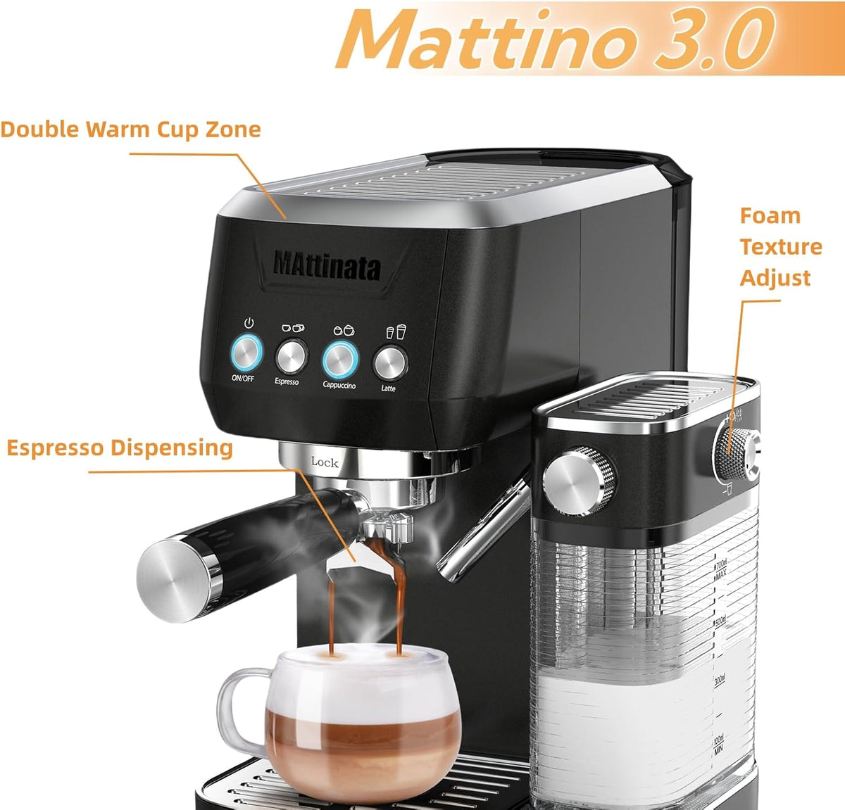 Cappuccino Machine 20 Bar, Professional Espresso Machines for Home and Office with Automatic Milk Frothering System, Barista Compact Latte Maker for Coffee Lovers, Stainless Steel-Black