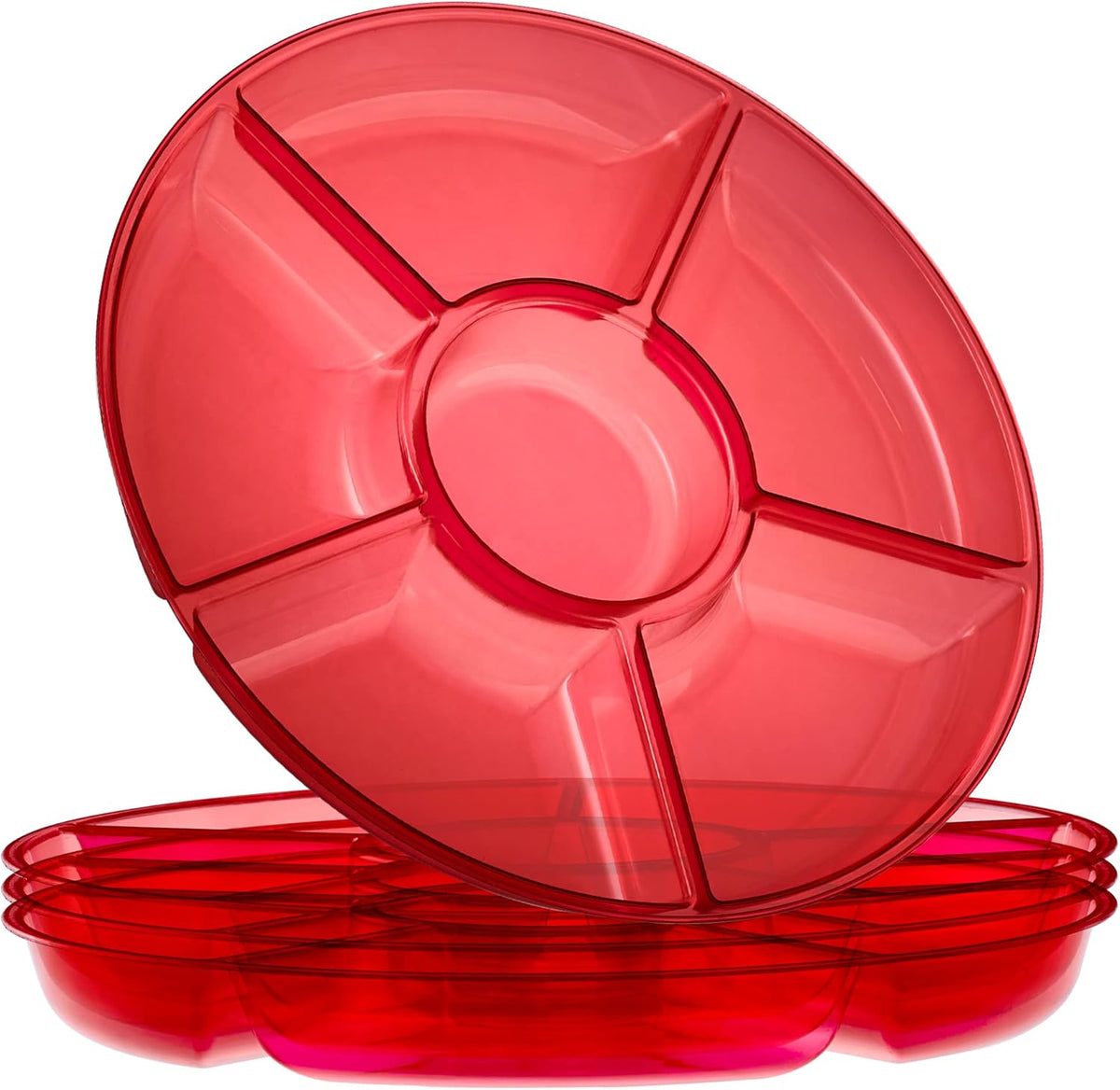 Plasticpro 6 Sectional Round Plastic Serving Tray/Platter (4, Red)
