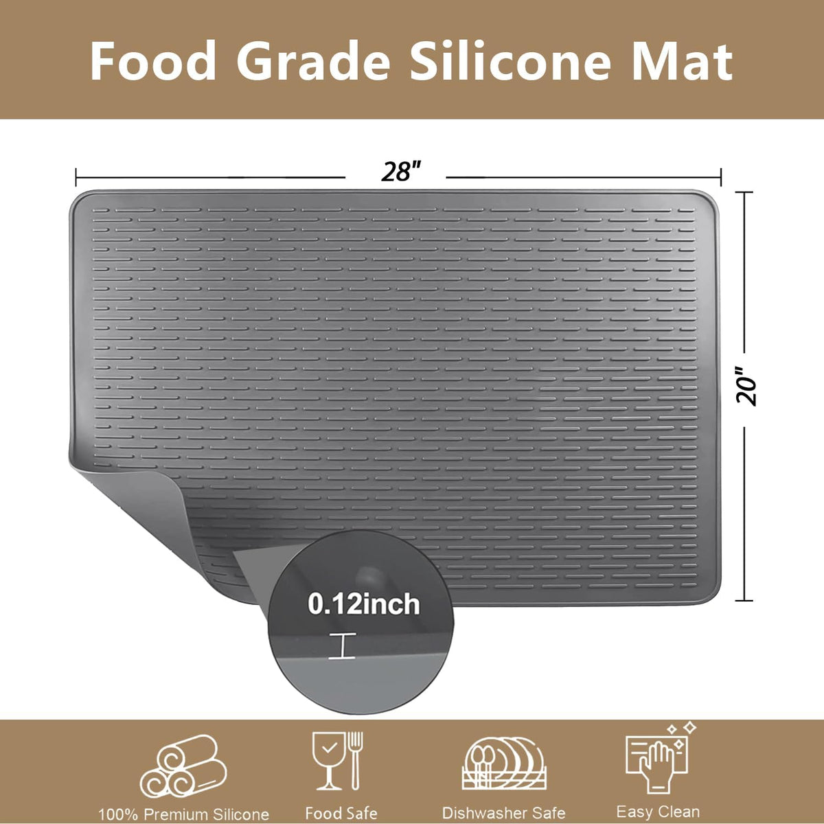 Golener Silicone Large Dish Drying Mat - 28" x 20" Stove Top Protector for Electric Stove, Food Grade, Foldable, Easy Clean, Heat-resistant Silicone Mat for Glass Stove Cooktop, Stove Top Cover, Grey