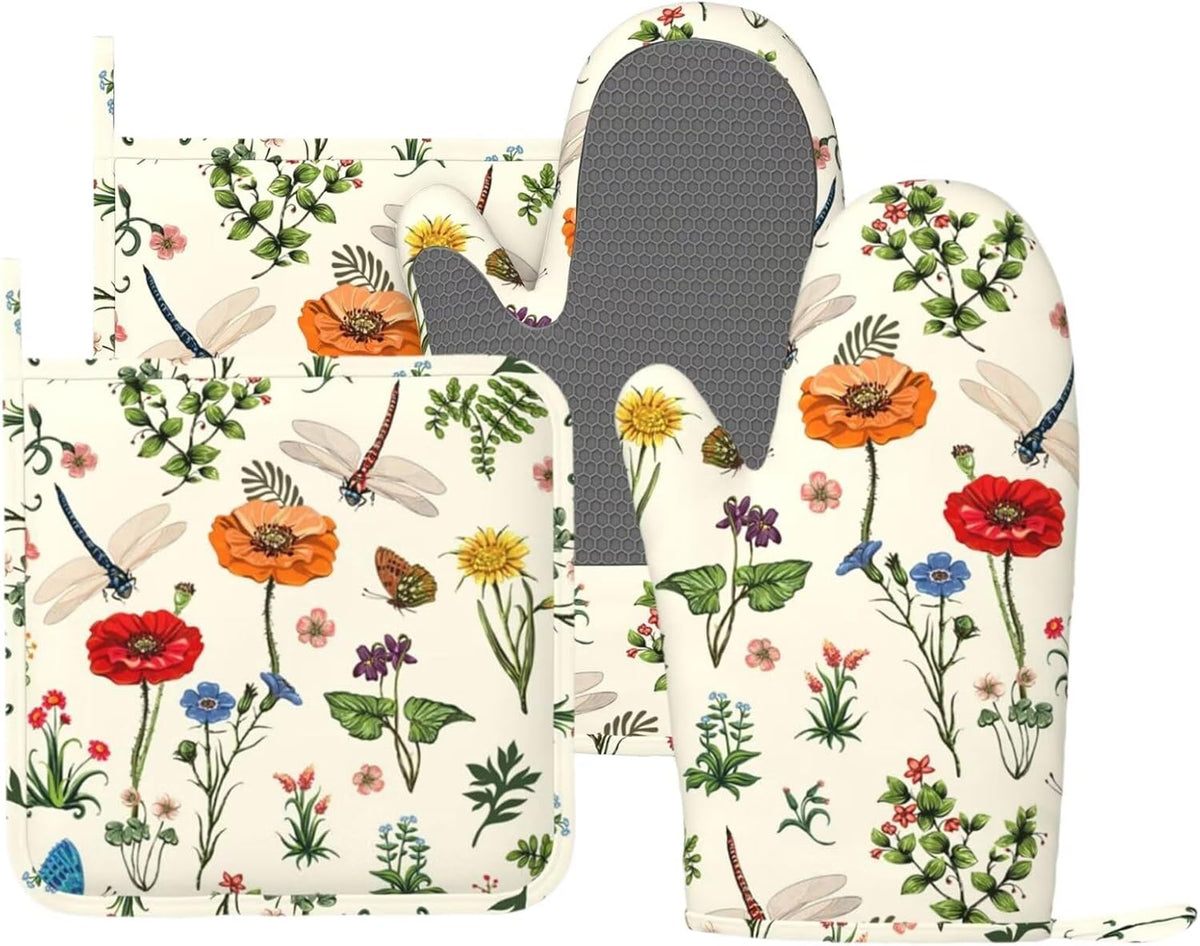 Vintage Floral Dragonfly Oven Mitts and Pot Holders 4 pcs Set Silicone Kitchen Spring Butterfly Leaves Oven Mitt Gloves Pot Holders Non-Slip Heat Resistant Cooking Mitts Set for Kitchen Baking