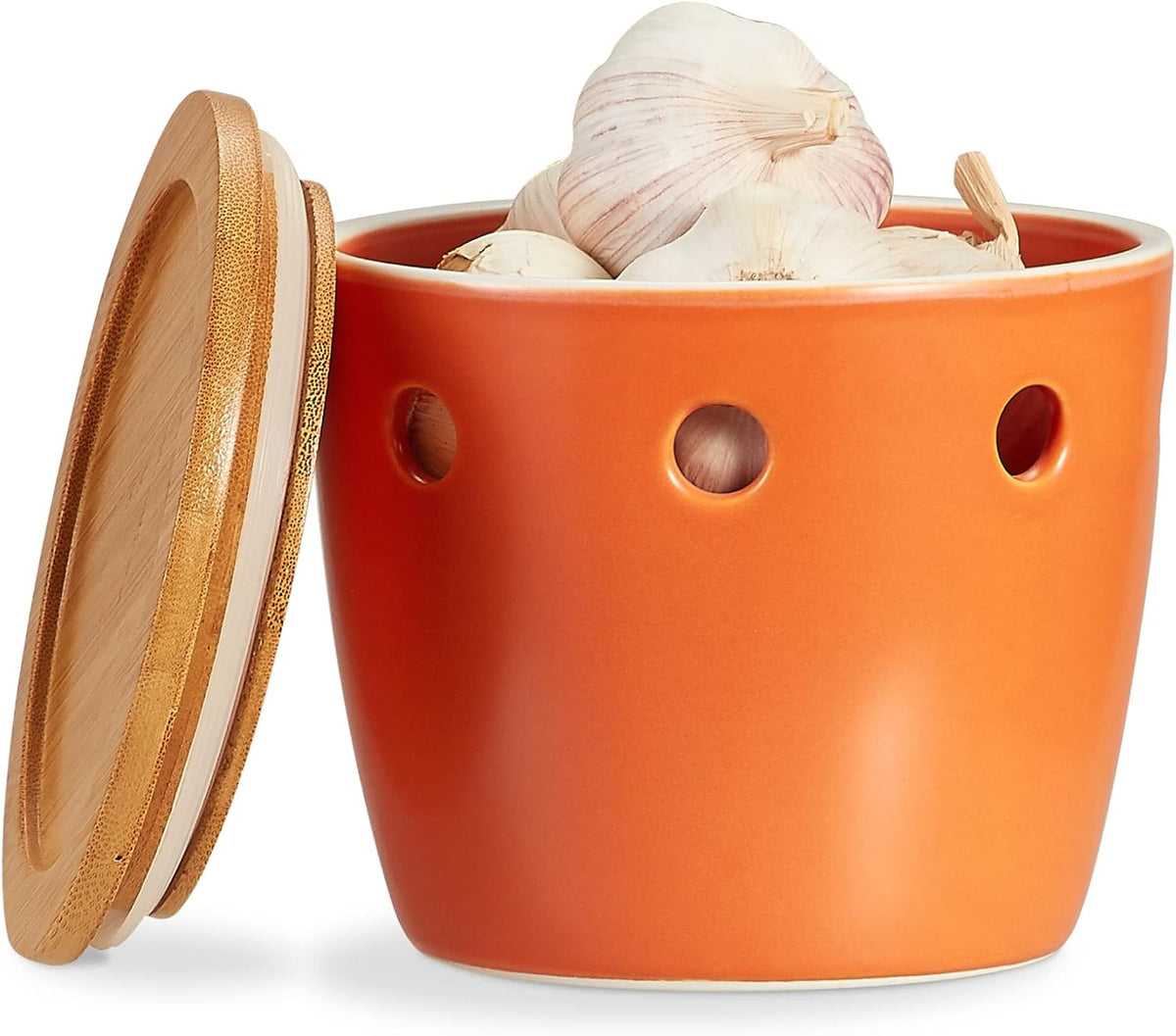 ONEMORE Large Garlic Keeper with Lid, Ceramic Garlic Saver 5 inch, Garlic Keeper for Counter, Orange