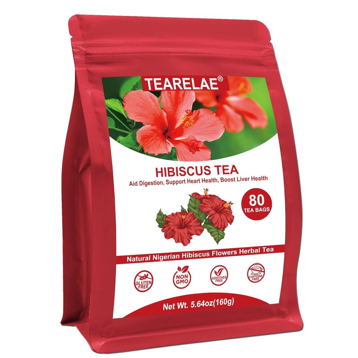 TEARELAE - Hibiscus Tea Bags - 2g x 80 Count - 100% Pure Hibiscus Flowers - Country of Origin Nigeria - Non-GMO - Caffeine-free - Aid Digestion & Support Heart Health