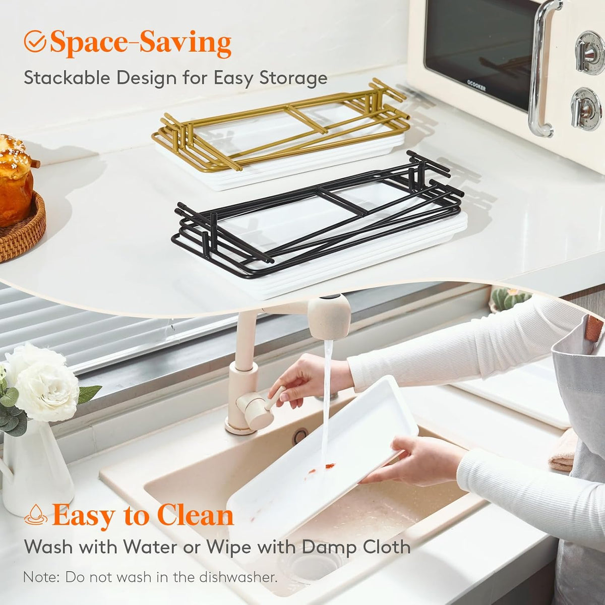 Lifewit Plastic 3 Tier Serving Tray for Party Supplies, 14" x 6.5" Crack-Proof Platters for Serving Food, White Reusable Trays with Yellow Metal Display Stand for Veggie, Fruit, Cookies, Dessert