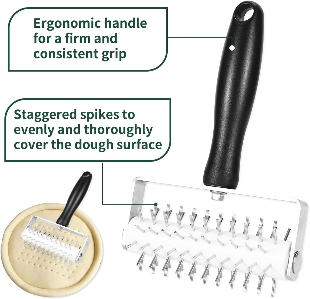 Pizza Dough Docker, Premium Dough Roller with Stainless Steel Spikes, Sturdy Pizza Docking Tool that Prevents Dough from Blistering, Time-Saver for Making Pizza Cookie Pie Pastry