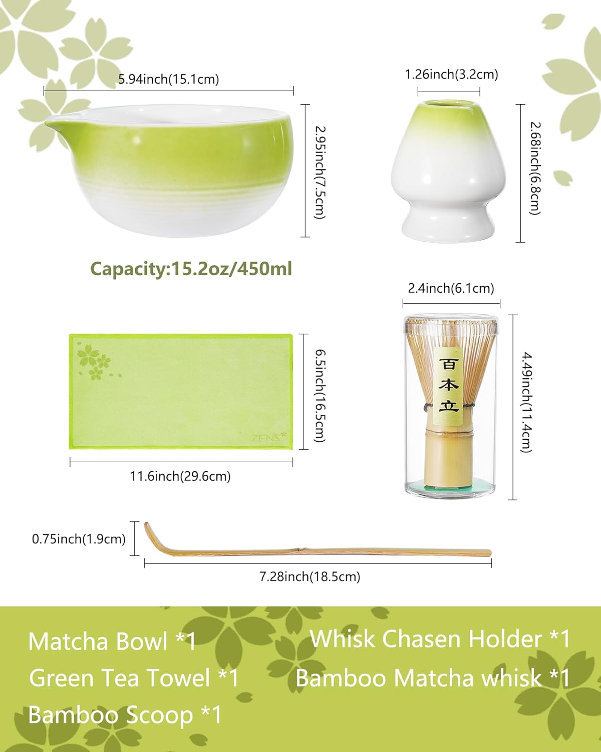 ZENS Matcha Whisk Set, 15oz Hand-Glazed Matcha Bowl with Spout and Bamboo Whisk, Whisk Holder (Chasen), Scoop & Tea Towel, 5pcs Matcha Tea Set Gift for Matcha Ceremony, Green