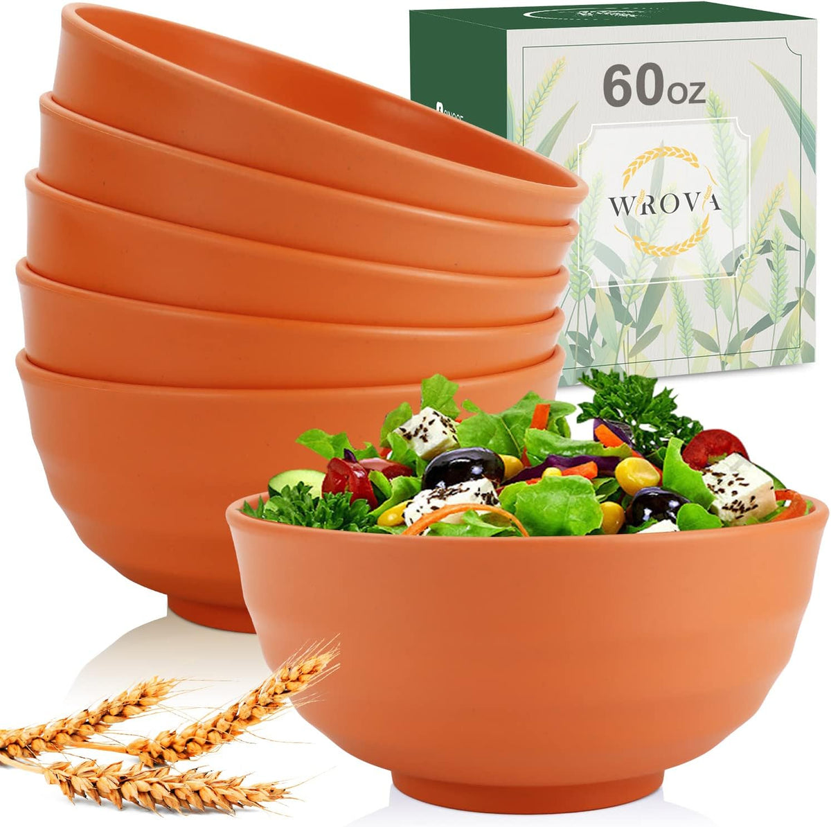 Wheat Straw Bowls Set 60 OZ Unbreakable Large Cereal Bowls Set of 6 Microwave and Dishwasher Safe Bowls Big Bowls for Eating BPA Free Soup Bowl for Serving Oatmeal and Salad Orange