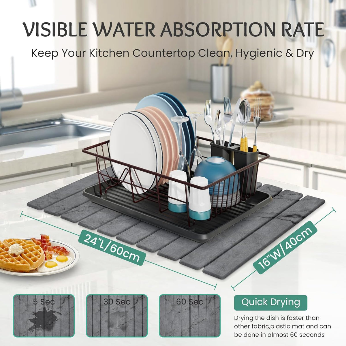 Stone Dish Drying Mat Collapsible Diatomaceous Earth Absorbent Mat Quick Dish Drying Pad Dish Rack Pad Match Any Counterto Multiple Usage for Kitchen,Bathroom (Dark-Gray Marble Pattern, 24"L x 16"W)