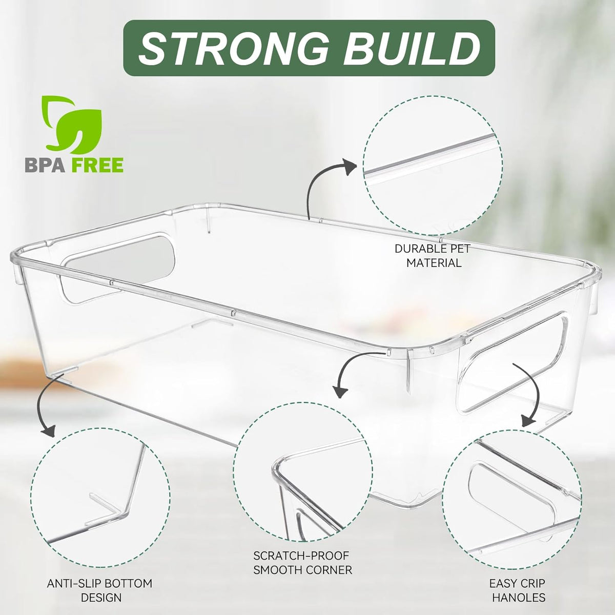 HOMER Set of 6 Refrigerator Organizer Bins, Pantry Organization and Storage Bins, Fridge Organizers with Cutout Handles, Clear Plastic Storage Bins for Pantry - BPA Free Kitchen Organizers