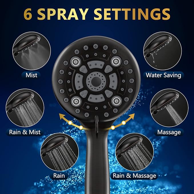 6 Spray Modes High Pressure Handheld Showerhead Set Upgraded 5 Inches Shower Head with Handheld Spray Oil Rubbed Bronze Handheld Shower Head 60 Inches Stainless Steel Hose-1-Min Install