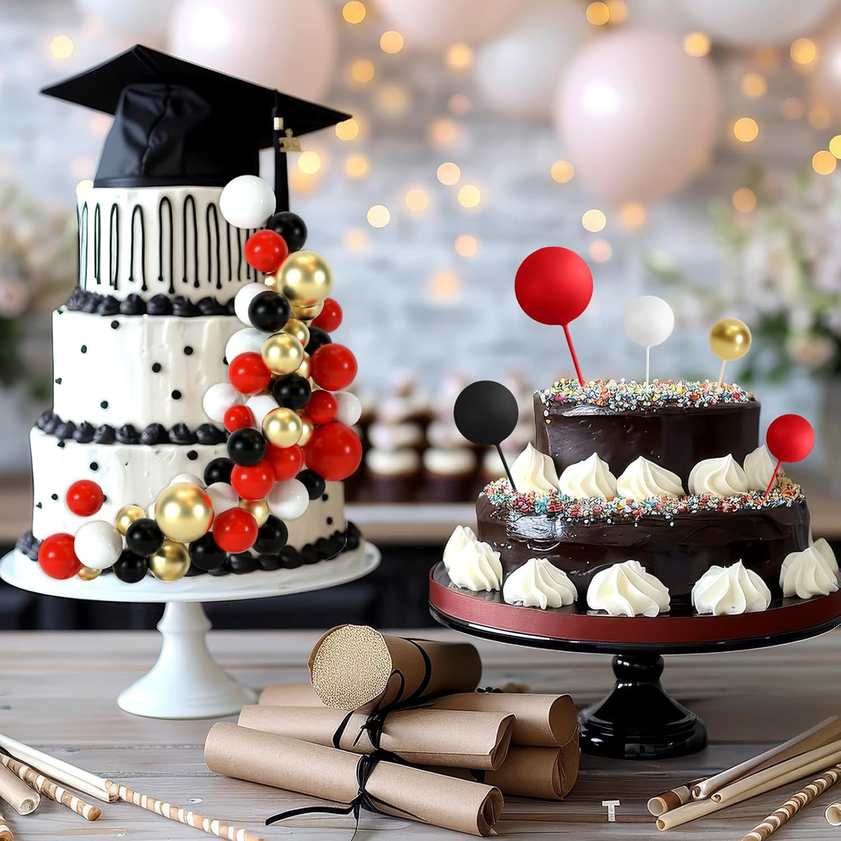 48 Pcs Balls Cake Topper Decorations Balloon Cupcake Toppers Foam Cake Topper Balls Cake Balls Decorations for Birthday Party Wedding Cake Decorating (Black, Red, White, Gold)