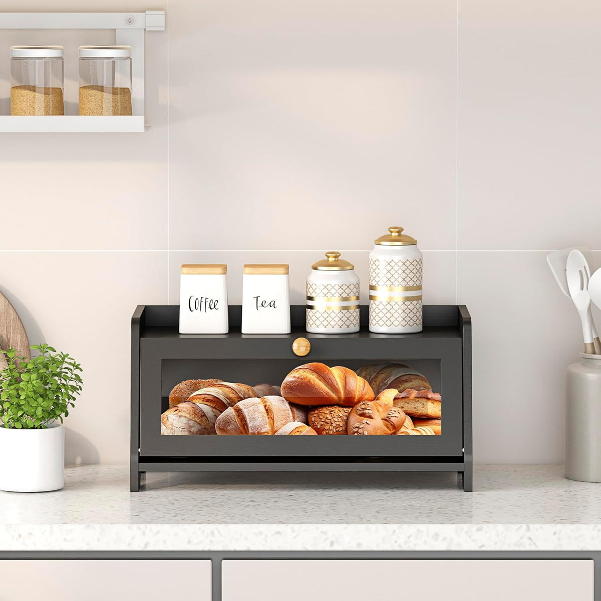 Bread Box for Kitchen Countertop, Large Bread Container Storage, Wooden Farmhouse Bread Box with Window Bread Holder (Black)