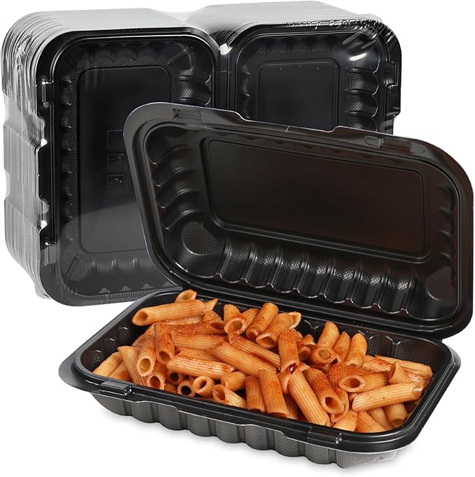 FRESHPAK Plastic Containers Mineral Filled PP - 50 Pack 9x6 27 oz Shrink Wrap BPA Free | Stackable Meal Prep Clamshell Food Container | Reusable Microwave Safe Leftovers Takeout | Catering To Go Box