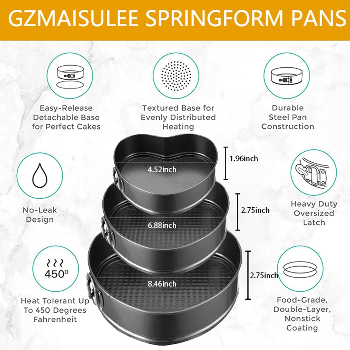 Springform Cake Pan Set of 3 (4, 7, 9 Inch) Heart Leakproof Nonstick Cheesecake Pans with Removable Bottom Carbon Steel Bakeware