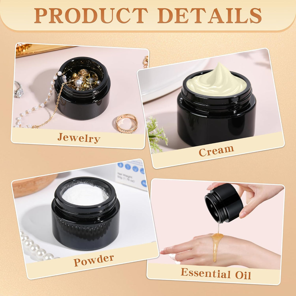 Glass Jars with Lids,Eco-Friendly Cosmetic Containers with Airtight Black Lids & Liners, Multi-Color Options for Cream, Lotion, Body Butter, DIY Skincare Travel Jars (Black, 1oz)