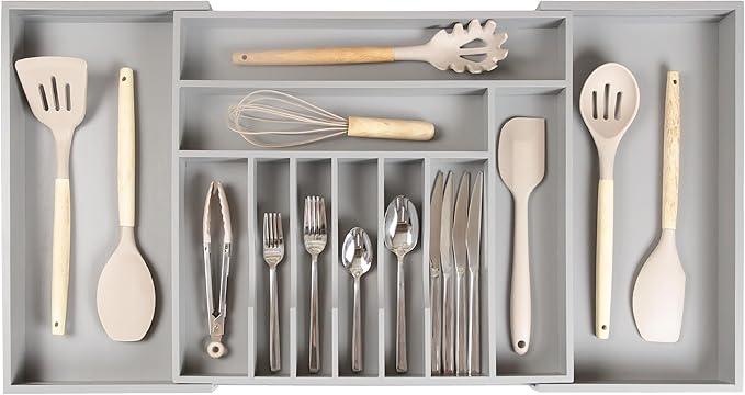 Premium Silverware, Flatware and Utensil Organizer for Kitchen Drawers, Food-Safe Contract Grade, Expandable from 18 to 33 In, Gray Bamboo