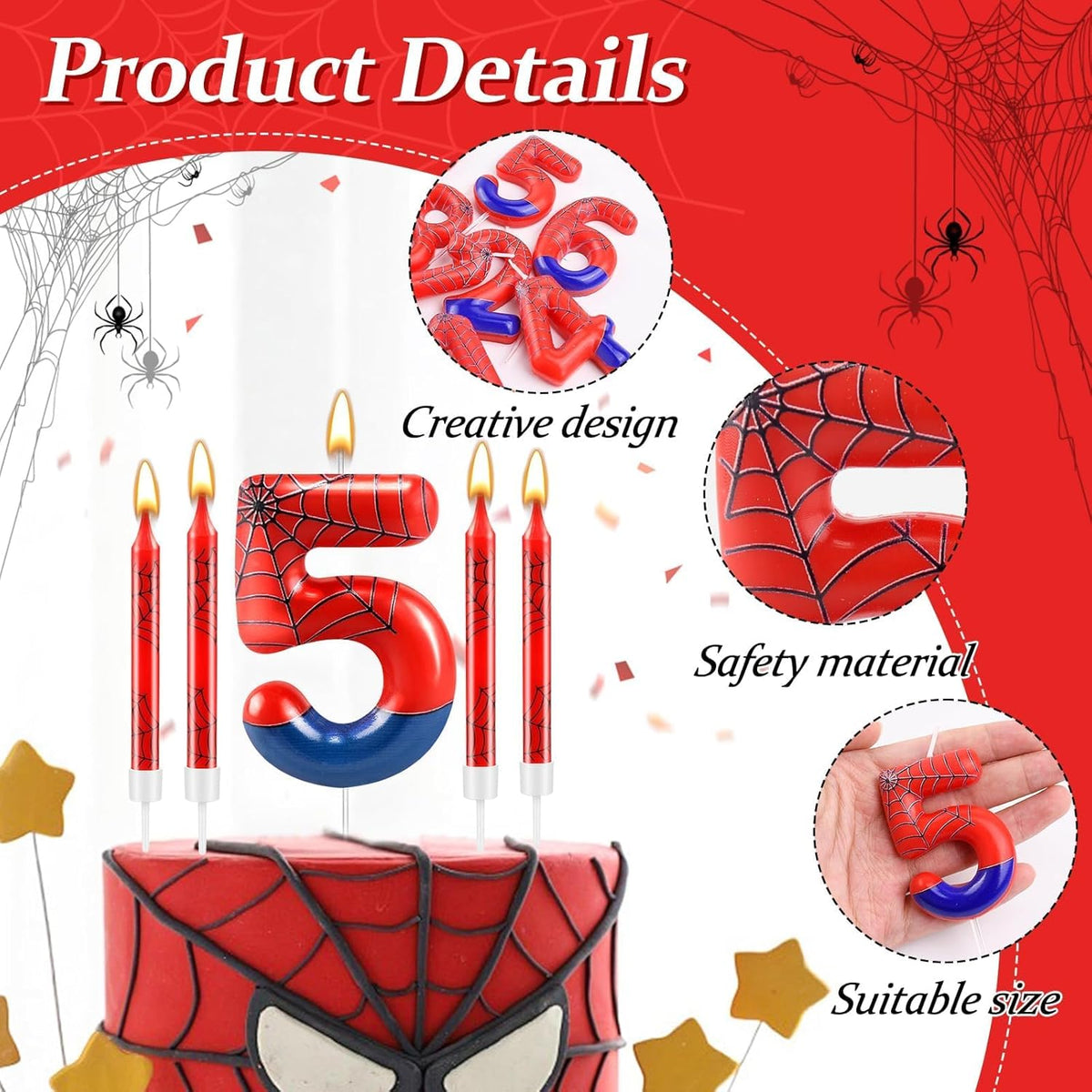 13 Pcs Spider Themed Birthday Candle Set Red Spider Theme Number 5 Candle Cake Topper for Boys Girls Birthday Decoration Spider Party Decoration Supplies (Number 5)