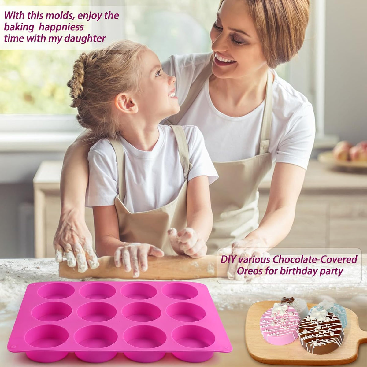 Sakolla 3 Pcs Round Chocolate Cookie Molds, 12-Cavity Cylinder Silicone Molds, Perfect for Chocolate Covered Cookie, Cake, Candy, Pudding, Mini Soap (2 Rose Red & 1 Blue)