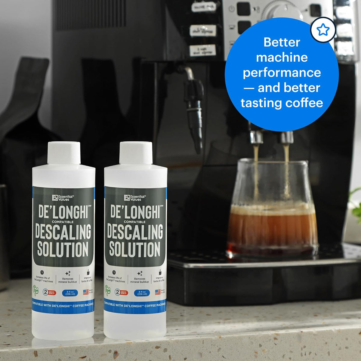 Essential Values Descaling Solution Compatible with De Longhi - Coffee Descaler - Coffee Maker Cleaner - Kettle, Espresso Machine Cleaning - 12 Month Supply 2-Pack