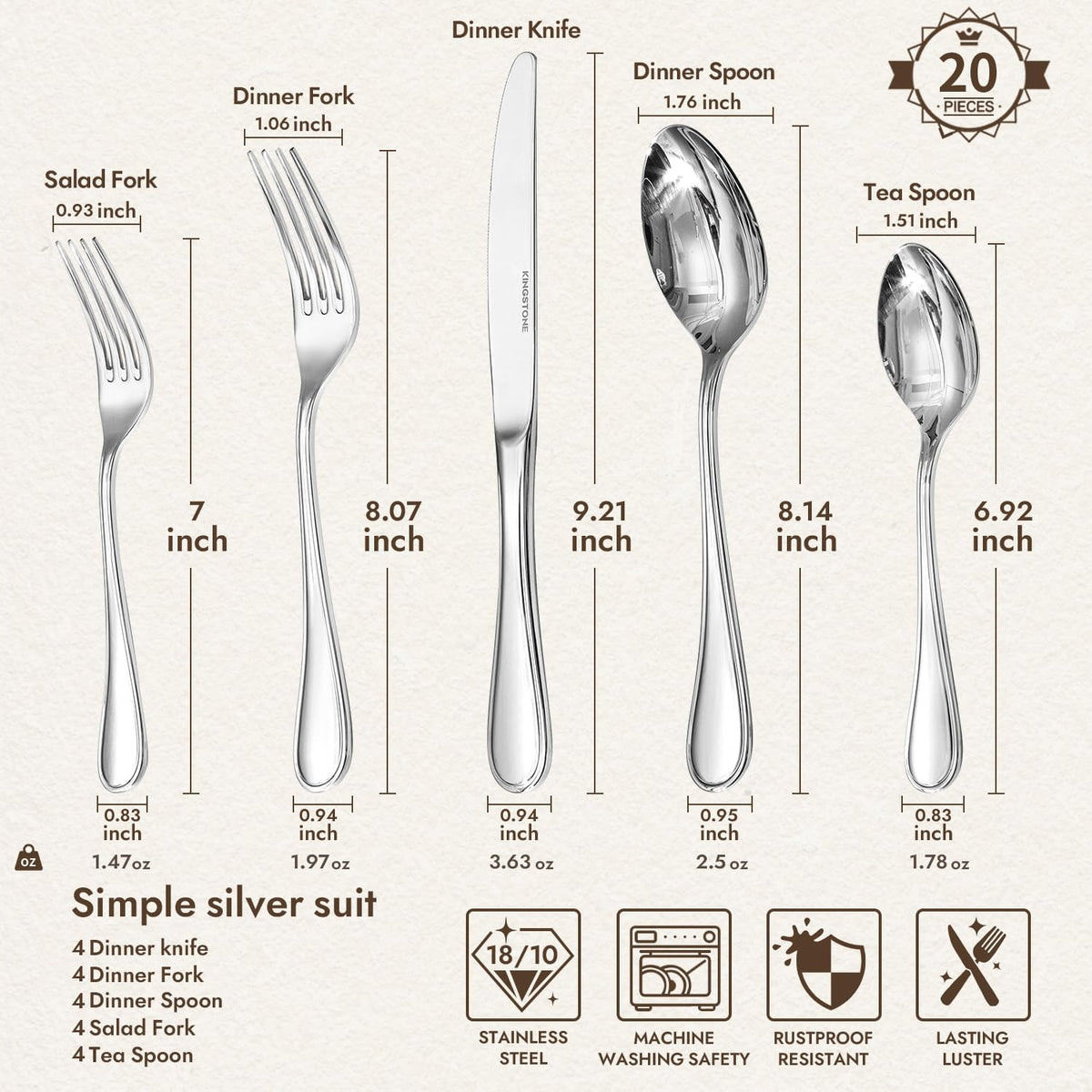 KINGSTONE 20 Piece Teardrop Silverware Set for 4, 18/10 Stainless Steel Flatware Set, Modern Design Cutlery Set for Home/Hotel/Wedding,Mirror Polished and Dishwasher Safe