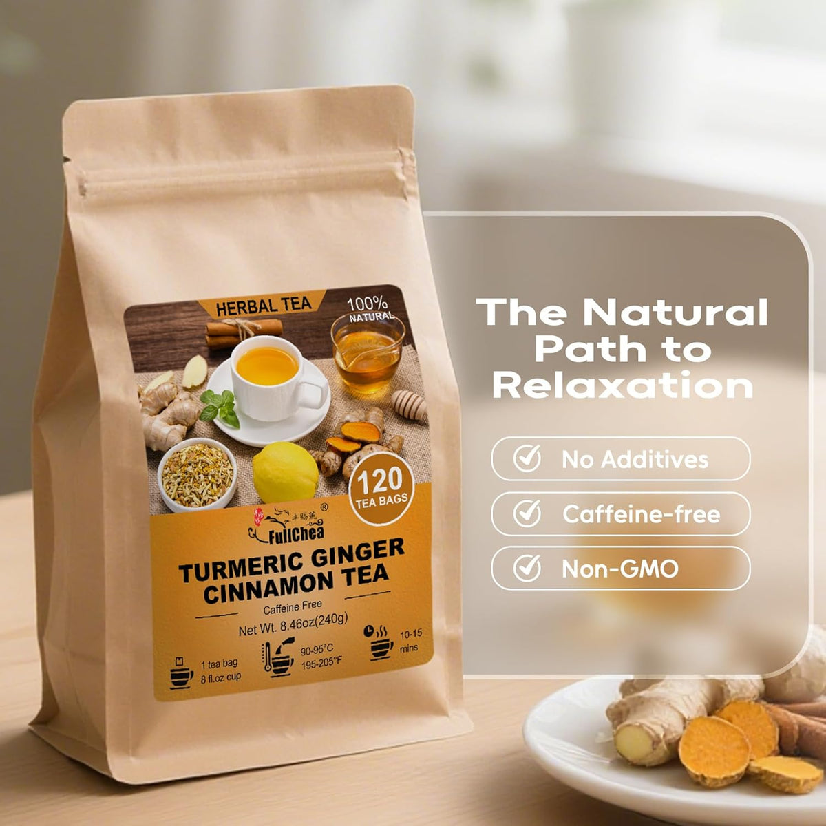 FullChea - Turmeric Ginger Cinnamon Tea Bags, 120 Teabags, 2g/bag - Premium Turmeric, Ginger, Cinnamon - Non-GMO - Caffeine-free - Aid Digestion & Boost Immunity