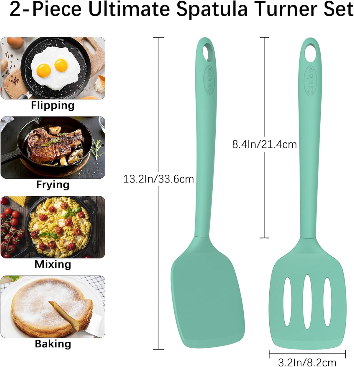Coukre 2 Pack Silicone Spatula Set, High Heat Resistant, BPA Free Kitchen Spatula, Solid & Slotted Turner for Non-Stick Pans, Sautéing, and Flipping (2, PureAquaGreen)