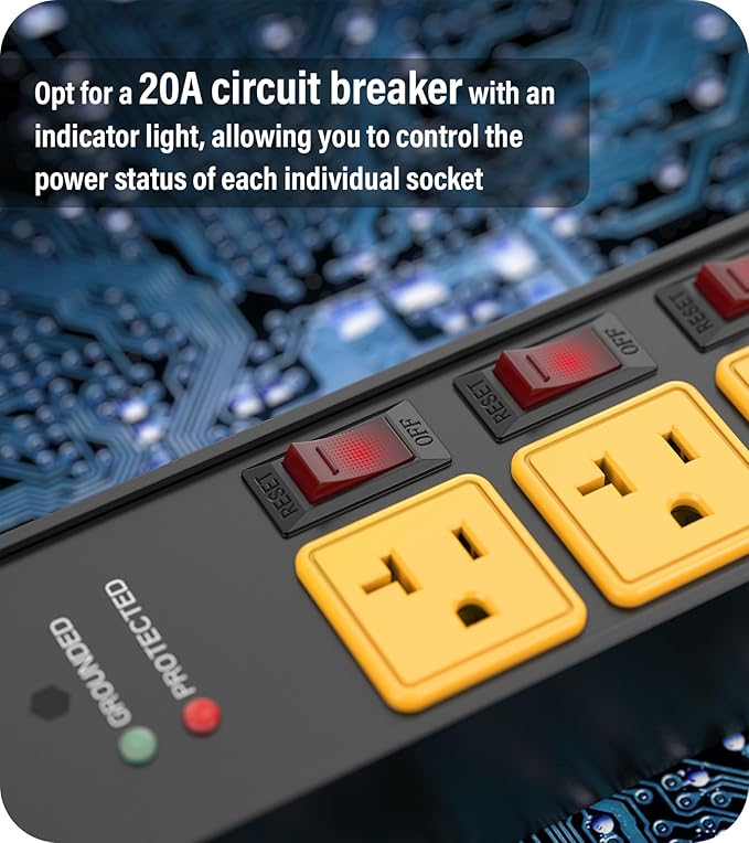 CCCEI Heavy Duty Surge Protector Power Strip 20 Amp Individual Switches. 6FT 12 Gauge Extension Cord with Multiple Outlets. Kitchen, Garage, Shop, Industrial Wall Mount Electric Extender, Yellow.