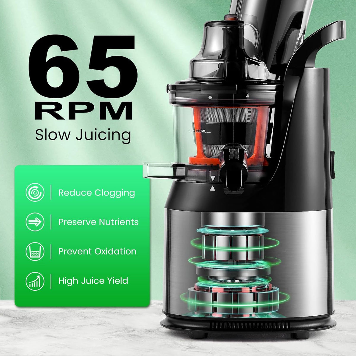 Ventray Cold Press Juicer, Slow Juicer Machine with 3-inch Large Feed Chute for Whole Fruits & Vegetables, 240W Electric Masticating Juice Extractor, High Juice Yield, Easy to Clean