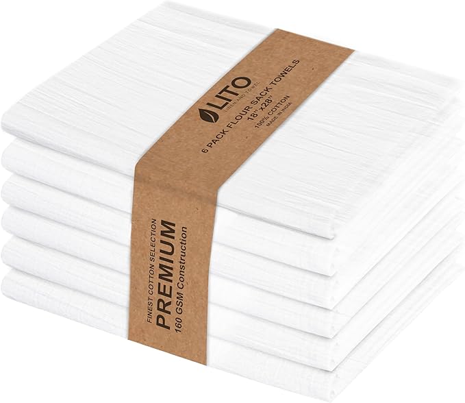 LITO LINEN AND TOWEL Flour Sack Towels - 100% Cotton Tea Towels for Crafts, Dish Towels for Kitchen, Embroidery, Cleaning, Baking (Pack of 6) - 18"x 28"