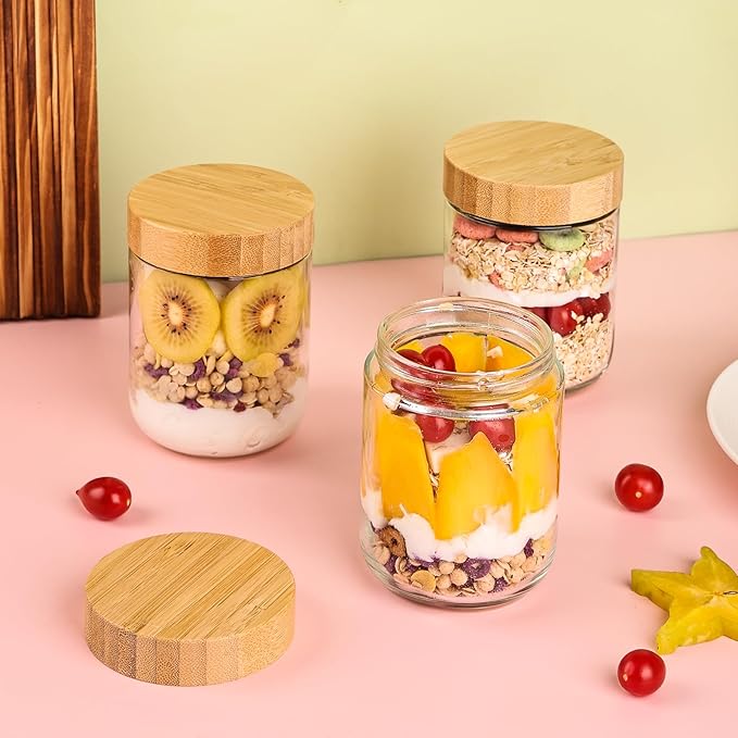 YUNCANG Glass jars with Airtight Lids, 16oz Overnight Oats Containers with Bamboo Lids, 6 Pack Wide mouth Mason Salad jars, Glass Food Storage Containers for Spice Sugar Snacks Yogurt