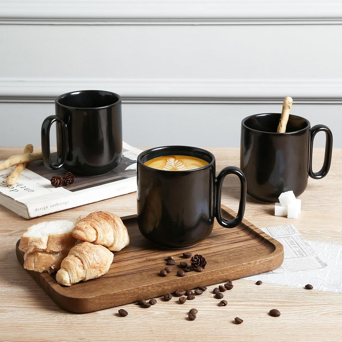 vicrays Ceramic Coffee Mug Set - 18 Ounce Large Stoneware Mug for Men Women - Unique Glazed Porcelain Mugs with Handle for Coffee Latte Tea Milk Cocoa - Set of 4 (Black)