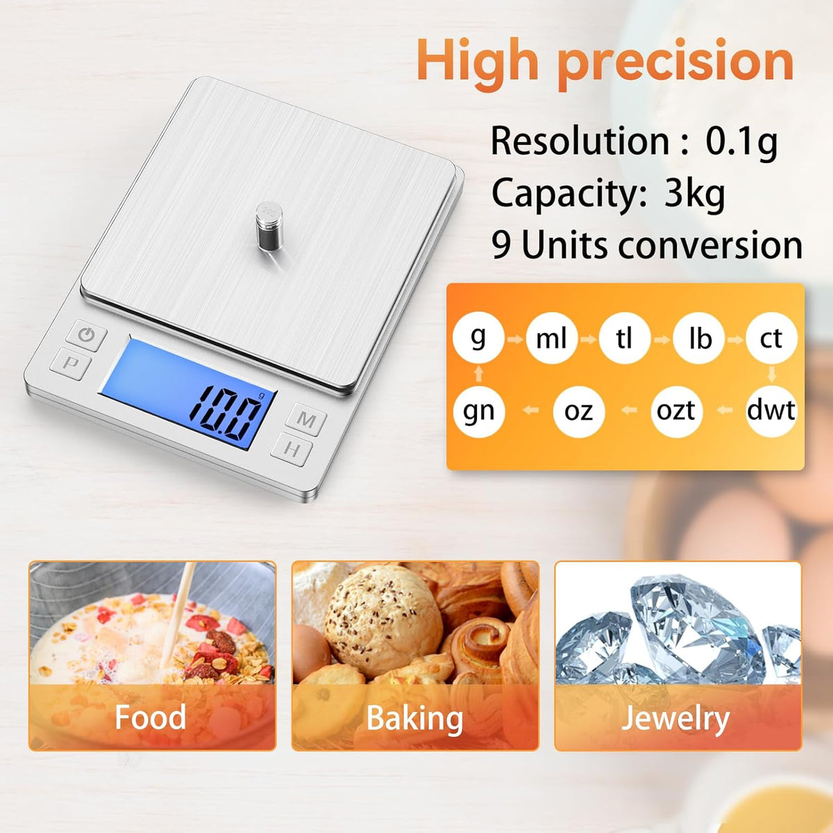 BOMATA Upgraded Small Food Scale, 0.1 g/0.001 oz High Precision, 3000 g/6.6 lb, with New Hold Function and Larger Display, USB Rechargeable, Digital Kitchen Scale for Small Item, Jewelry. Sliver