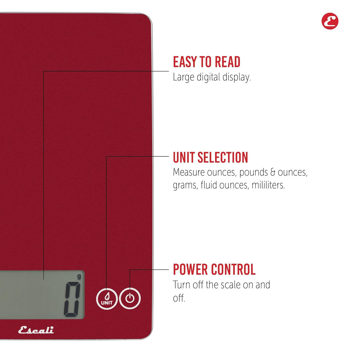 Escali Arti Glass Food Scale Digital Countertop Kitchen, Baking and Cooking Scale with Nutrition and Calorie Counter, 15-Pound Capacity, 9" x 6.5" x .75", Rio Red