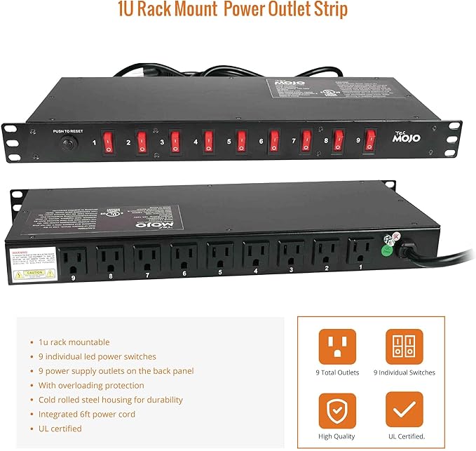 Tecmojo 9-Outlet Rack Mount Overloading Protection Circuit Breaker PDU Power Strip with Individual Switch 6ft Cord for IT and Network Racks and Cabinets