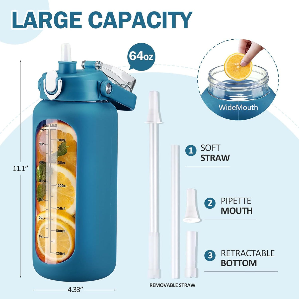 kytffu 64oz Glass Water Bottles with Straw, Half Gallon Motivational Glass Bottle with Silicone Sleeve and Time Marker, 2L Leakproof Large Glass Water Jug for Gym Home Office,Iron Blue