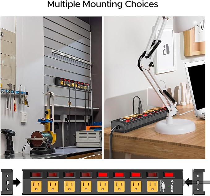 CRST 8 Outlet Heavy Duty Power Strip with Individual Switches, 15A/1875W Metal Power Strip Surge Protector with Circuit Breaker (1200 Joules), 6 FT 14AWG Extension Cord and Mounting Bracket