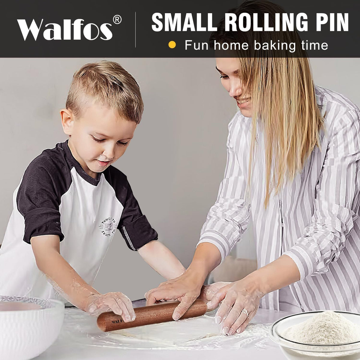 Walfos Mini Rolling Pin - Small Natural Wooden Rolling Pins, Baking Dough Roller for Pizza, Pie, Pasta, Bread, Pastry, No Coating (8inch)
