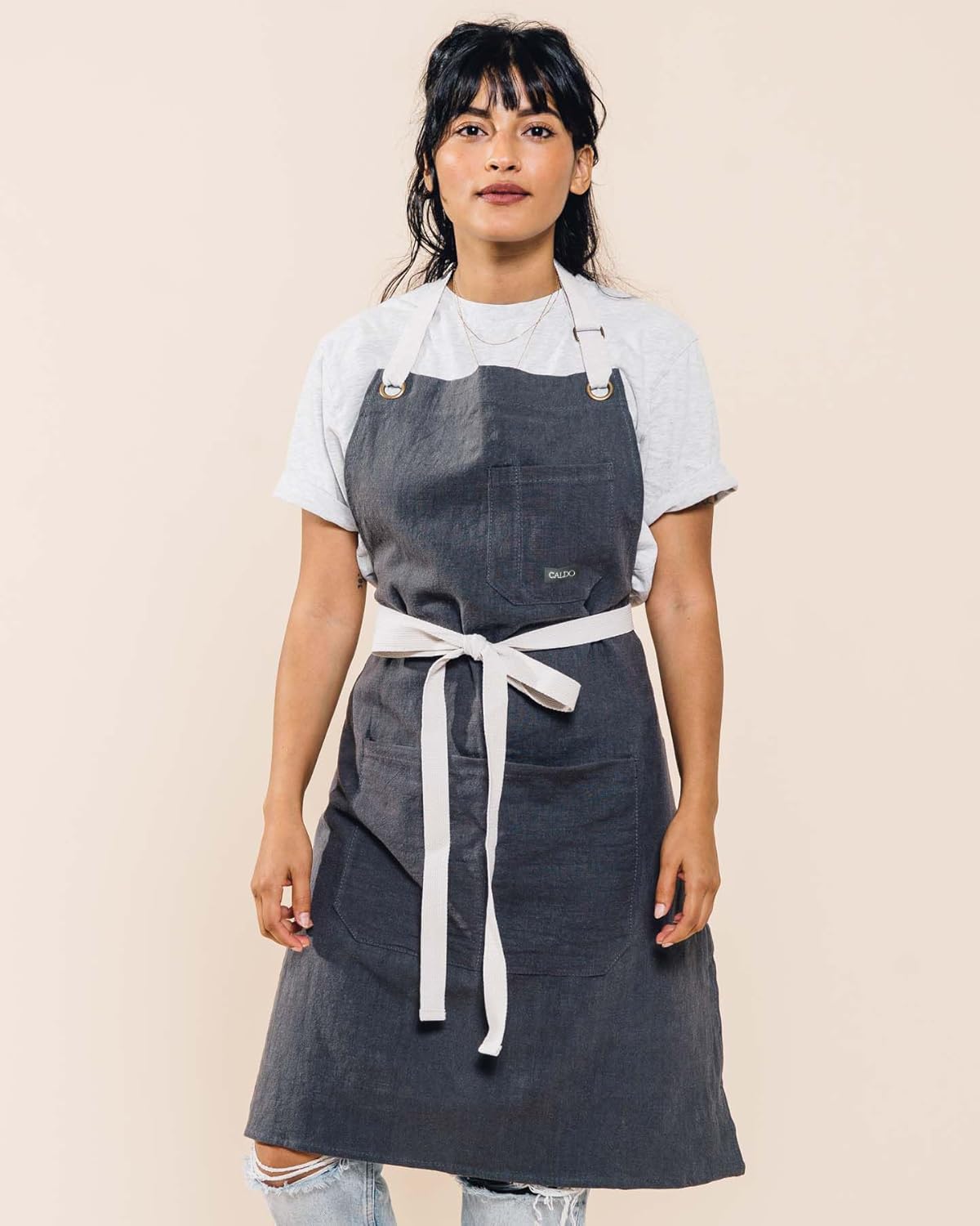 Caldo Linen Kitchen Apron for Cooking- Mens and Womens Linen Bib Apron for Professional Chef, Server, or Barista - Adjustable with Pockets (Slate)