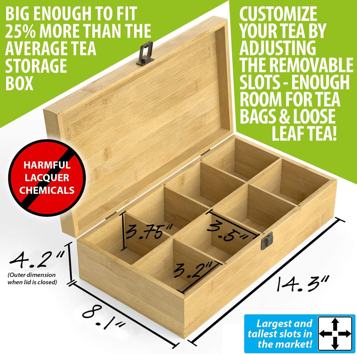 Bamboo Tea Organizer Box Chemical Free Eco-Friendly Big, Tall, Adjustable Cubbies Natural Wooden Storage Chest (8-Slot 14.3" x 8.1" x 4.2" with Tea Time Pot & Cups)