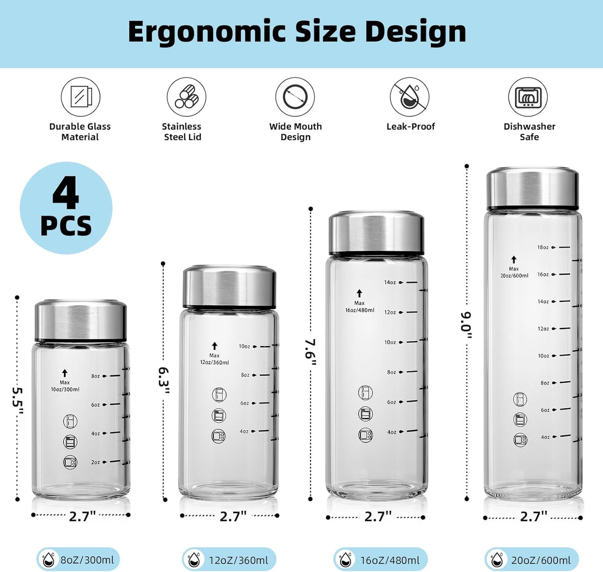 Glass Juice Bottles 4 Pack 12 oz - Wide Mouth Glass Water Bottles with Lids - Borosilicate,Stainless Steel Lids for Juicing, Smoothies, Infused Water, Beverage Storage, Leakproof, Reusable, BPA Free