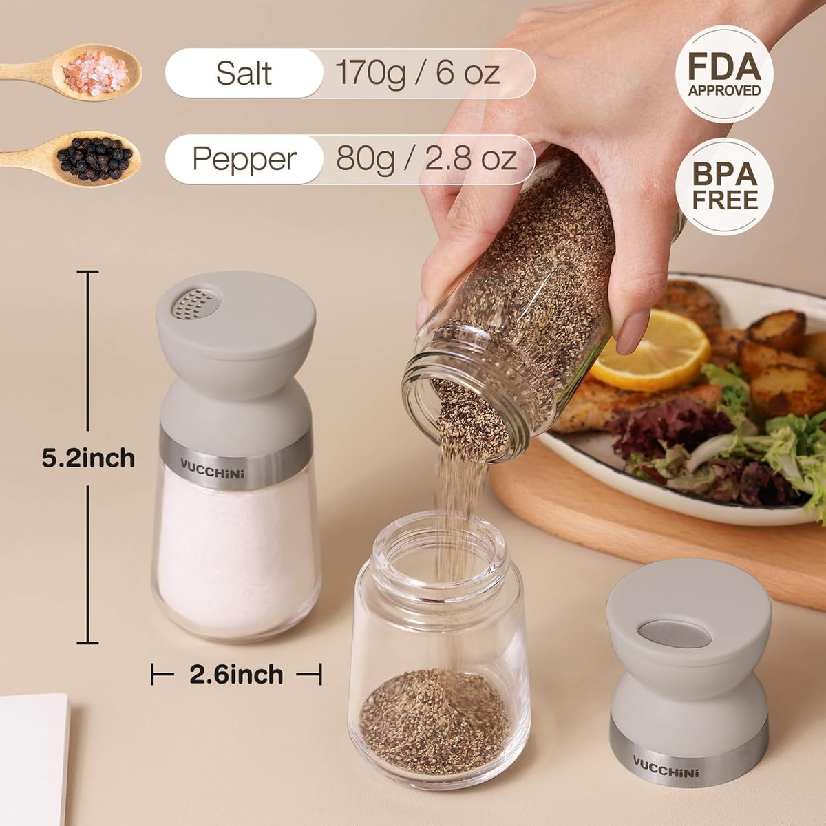 VUCCHINI Salt and Pepper Shaker Set with Lid 3 level Adjustable Pour Holes Seasoning Spice shaker Jar Glass Bottle, Large Salt and Pepper Dispenser Moisture-proof for Kitchen, Cooking (5 oz, Grey)