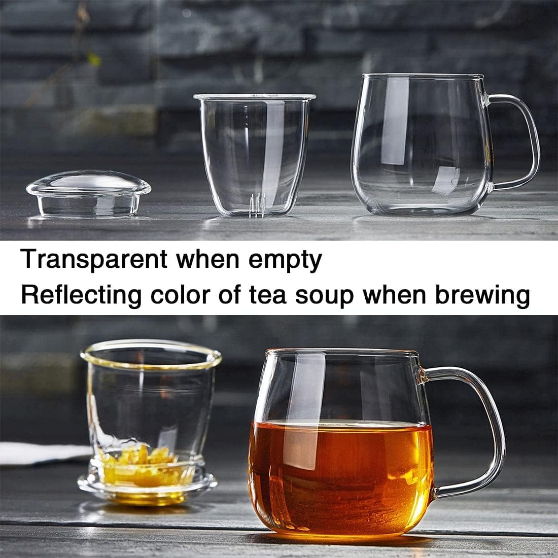 Glass Teacups 4 Pack Glass Tea Cup with Infuser and Lid, 17.6oz/520ml Large Borosilicate Teacup,Tea Clear Mug Cup for Loose Leaf Blooming Tea, Microwave & Dishwasher Safe